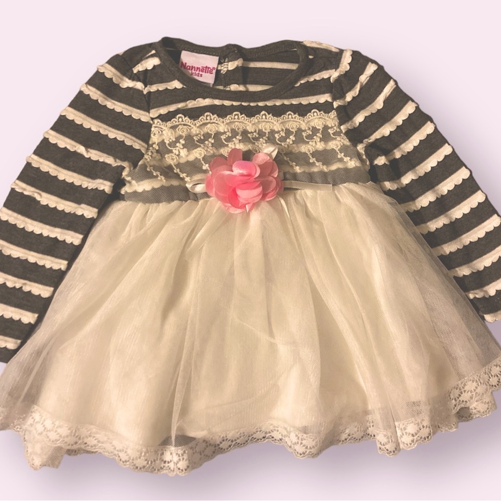 Nannette Kids Dress - Gray & White - 12 Months